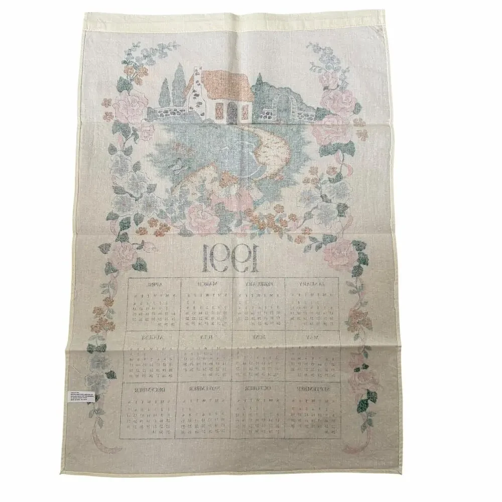 Vtg 1991 Linen Calendar Tea Towel Cottage Core Floral Girl Bonnet Wall Hanging